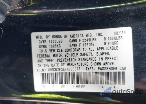 2015 Honda Accord Lx z USA, uszkodzony, nr VIN 1HGCR2F39FA005377